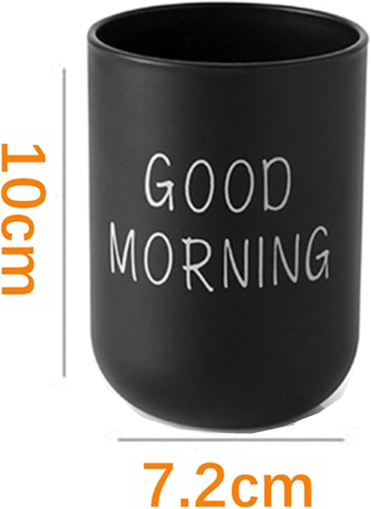 Black Minimalist “GOOD MORNING” Toothbrush Cup Creative Rinse Cup Bathroom Organizer