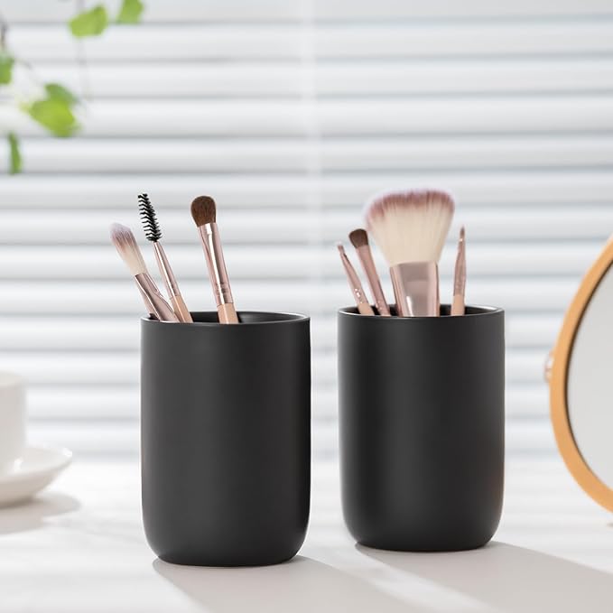 Minimalist Matte Black Ceramic Toothbrush Cup Rinse Cup Multi-Purpose Bathroom Organizer